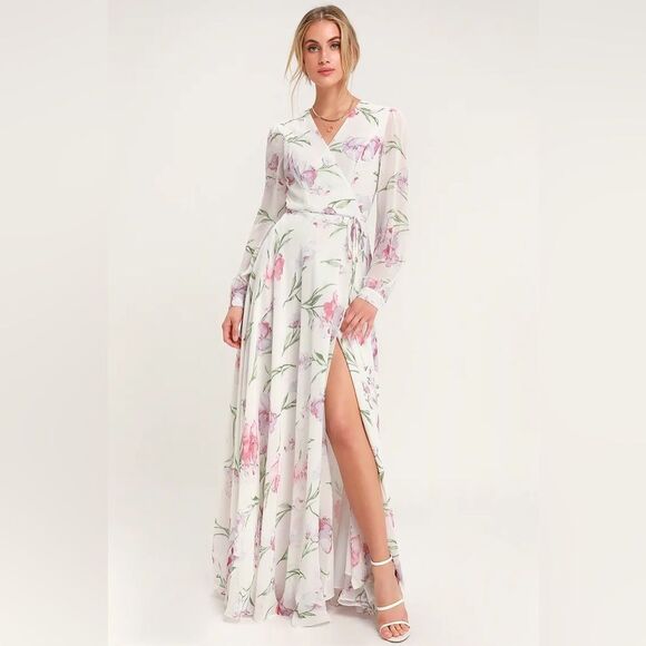 Lulus Dresses & Skirts - Lulu's Loving You White Floral Print Long Sleeve Wrap Maxi Women'sDress (SizeXS)